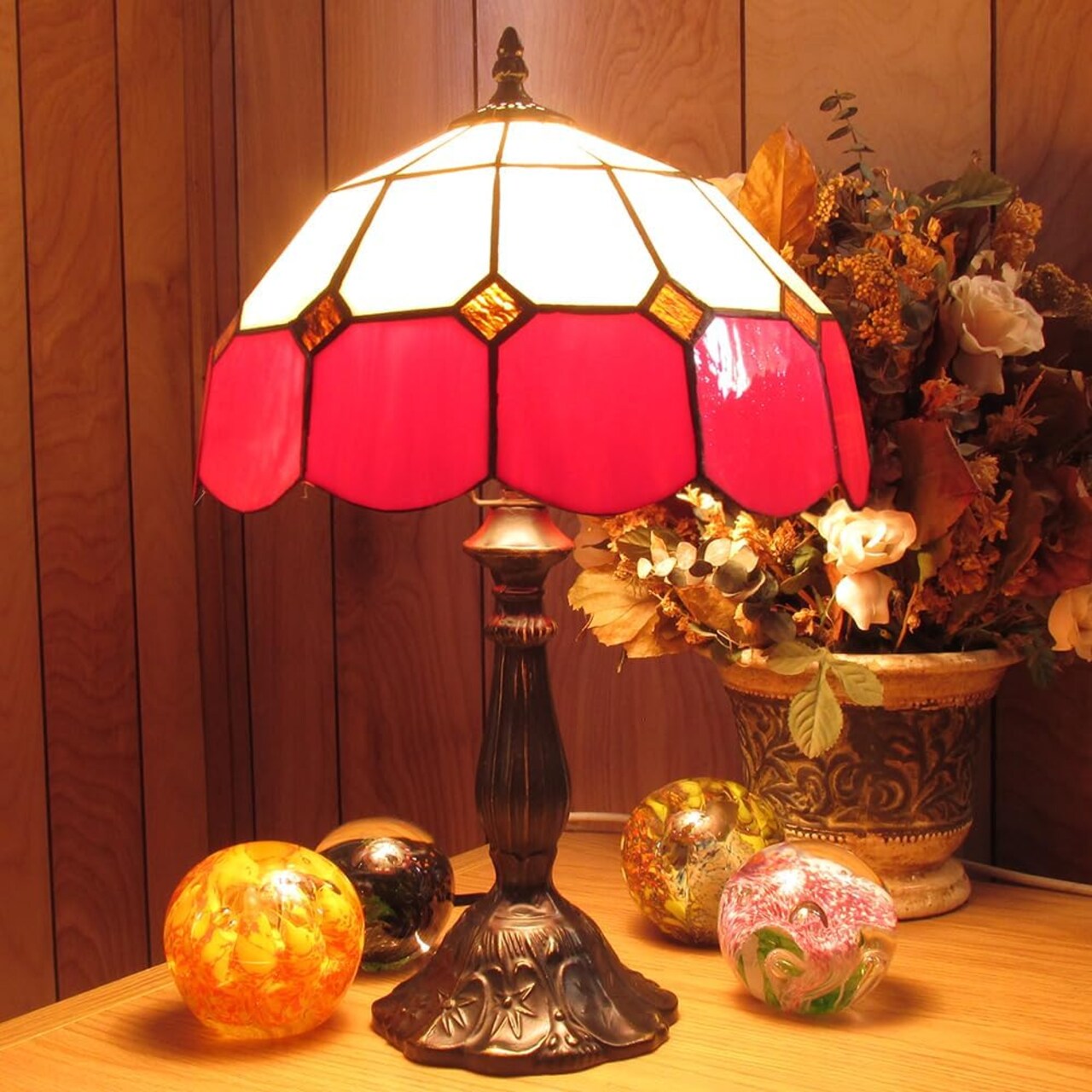Red and White Genuine Stained Glass Shade & Lamp Base - Perfect for a Living Room, Bedroom, Office, & More